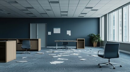 Abandoned corporate desks in an isolated urban environment wide angle gigapixel view