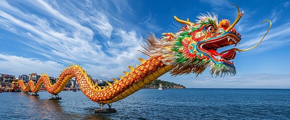 Fototapeta premium Giant Dragon Statue by Seaside Town, Festive Background