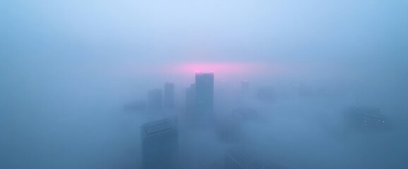 Obraz premium Misty Cityscape at Dawn: A Serene Urban Sunrise