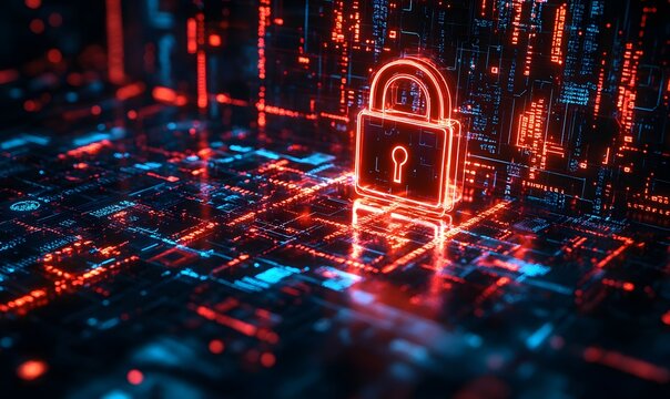 Digital Security concept, cyber security and data protection, glowing lock on digital background