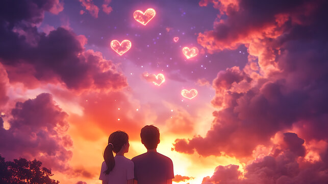A dreamy animated moment where a Gen Alpha couple watches a holographic sunset together, with AI-generated heart-shaped clouds floating in the sky 