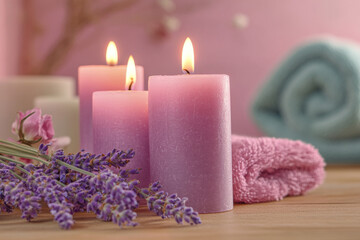 Burning candles with lavender flowers. Spa and Wellness background in purple and pink colors