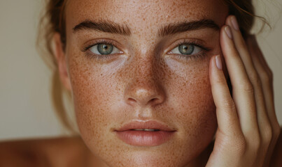 Captivating Portrait of a Young Woman Highlighting Natural Beauty and Freckles with Expressions of Serenity and Confidence