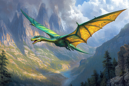 A lifelike illustration of dimorphodon flying in a prehistoric landscape