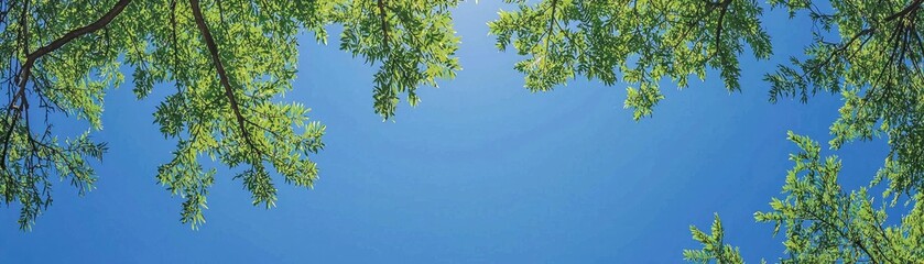 Obraz premium Green leaves frame blue sky, outdoor nature scene, spring backdrop