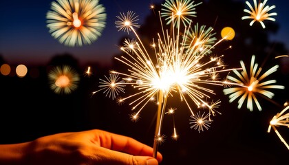 Hand holding sparkler at night, glowing festive celebration.