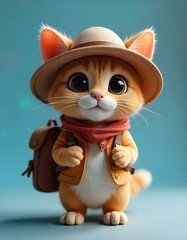 Fototapeta premium A charming 3D cartoon model of a cat adventurer wearing a tiny explorer's hat and a mini satchel. Its big, curious eyes and mischievous grin give it a lively personality. The fur is smooth and slightl