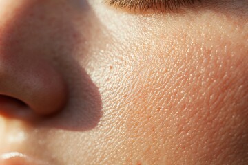Extreme close-up of facial skin showing pores, texture and hydration, capturing a natural and detailed view of beauty and skin care.