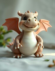 Naklejka premium A cartoon-style 3D model of a chubby dragon with tiny wings, short legs, and a big round belly. Its playful face features a wide toothy grin and bright expressive eyes. The scales are smooth and sligh