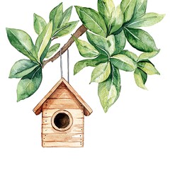 Watercolor Painting of a Birdhouse Hanging from a Lush Green Branch.