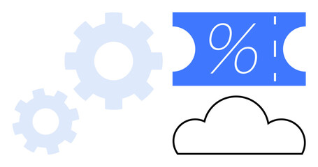Blue discount ticket with percentage symbol alongside light blue gears and black cloud outline. Ideal for business, efficiency, savings, technology, cloud services, marketing, and innovation