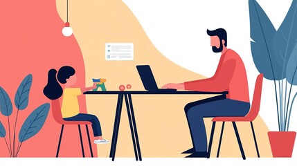 Freelancer dad balancing work and family at home office digital workspace modern environment focus on productivity