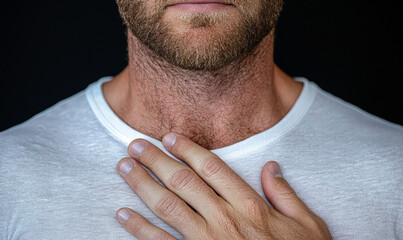 Fototapeta premium Close-Up Portrait of a Man with Beard and Outstretched Hand Over Heart in Natural Light Against a Dark Background
