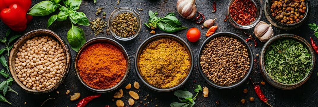 A variety of spices and herbs are displayed in bowls on a counter