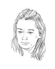 Portrait of a middle age woman with loose medium length hair looking down thoughtfully, Hand drawn Illustration, Vector sketch isolated female head