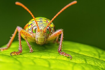 Fototapeta premium A striking macro portrait of a colorful grasshopper resting on a vibrant green leaf, showcasing its detailed features and textures against green backdrop.