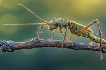 Fototapeta premium Detailed macro shot of a unique weevil perched on a twig, showcasing its intricate patterns, large eyes, and long antennae against a soft green backdrop.