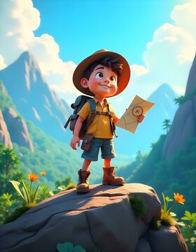 A dynamic cartoon-style illustration of a boy in explorer gear, standing triumphantly at the top of a rocky hill, holding a compass and a map, with a vast jungle or mountain landscape stretching out b
