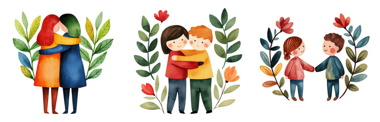 Warm watercolor design featuring friends embracing in nature, isolated on transparent background.