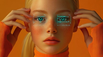 Futuristic portrait of a young woman with augmented reality interface over her glowing blue eyes, blending cyberpunk aesthetics with high-tech innovation and AI-enhanced vision.