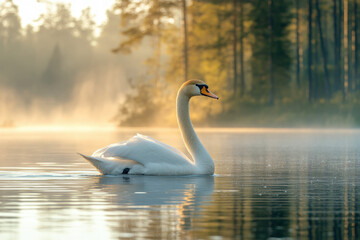 Fototapeta premium Suomen joutsen: A graceful Finnish swan gliding on a tranquil lake