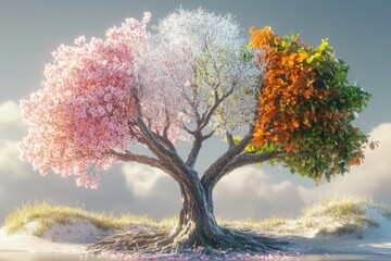 Fototapeta premium A conceptual tree artfully divided into four segments, each representing a season: spring blossoms, summer foliage, autumn leaves, winter frost, symbolizing nature's cyclical transformation.