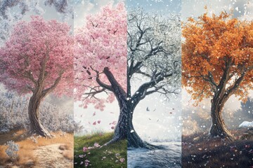 Fototapeta premium Four Seasons Trees: A composite image showcasing the beauty of a tree through spring, summer, autumn, and winter, capturing nature's transformation over the year.