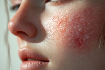 Fototapeta premium Close-up portrait revealing skin with rosacea, capturing the redness, bumps, and texture around the cheek, highlighting imperfections with natural light and detail.