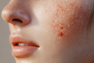 Fototapeta premium Detailed close-up revealing rosacea on fair skin, emphasizing bumps, redness, and inflammation around the cheek area, highlighting skin condition imperfections.
