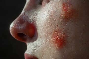 Fototapeta premium Close-up of a face displaying severe skin problems, emphasizing skin texture, dryness, and redness due to inflammation and cracked skin.