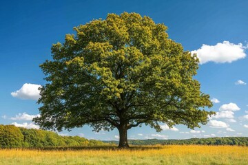 Obraz premium A majestic tree with vibrant green leaves stands tall against a clear blue sky dotted with clouds, overlooking a golden field, creating a serene landscape.