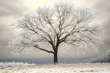 Fototapeta premium A grand oak tree, its branches coated in shimmering frost, stands alone in a winter landscape under a soft, overcast sky in a tranquil scene.