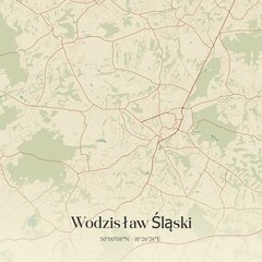 Vintage map of Wodzislaw Slaski, Poland.