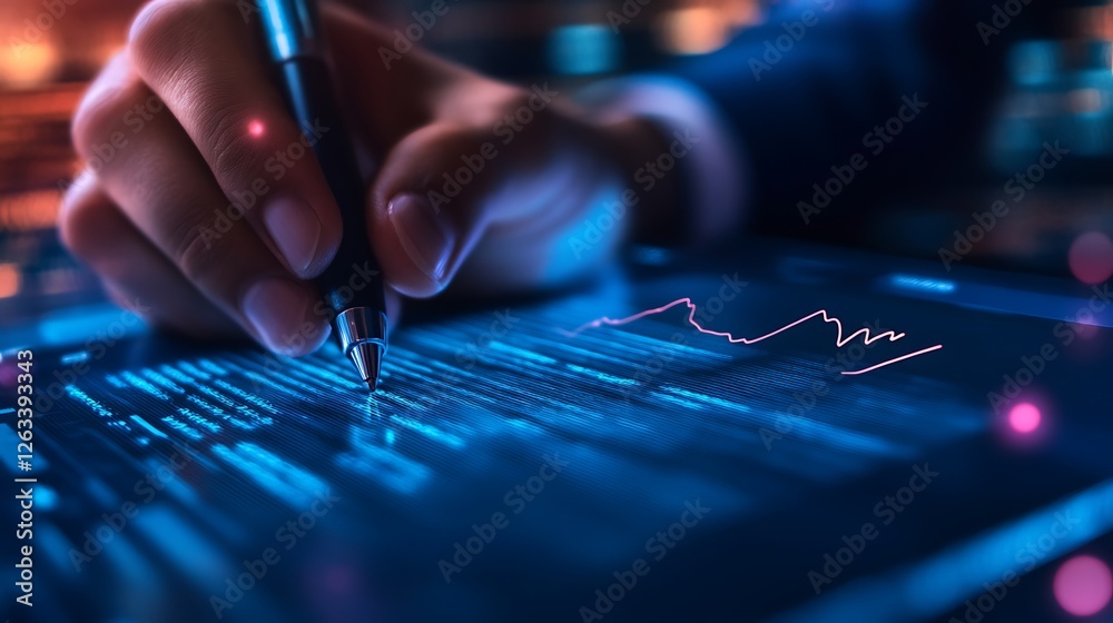 Aufkleber close-up of hand using stylus on tablet displaying data graph.