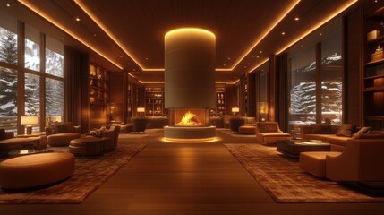 Obraz premium Luxurious mountain lodge lounge with fireplace, snowy view