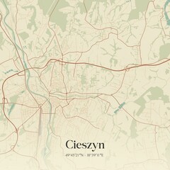 Vintage map of Cieszyn, Poland.