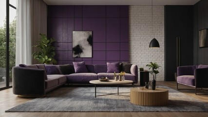 Minimalist living room with a monochromatic color scheme. There are two large blank white frames on the wall. The wall has a yeloow purple gradient. The floor is made of white tiles