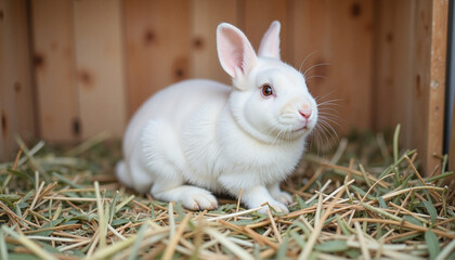 Obraz premium Fluffy white rabbit resting in adoption pen, nurturing opportunity