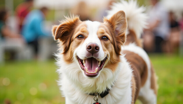 Joyful rescue dog smiling at adoption fair, heartwarming connection