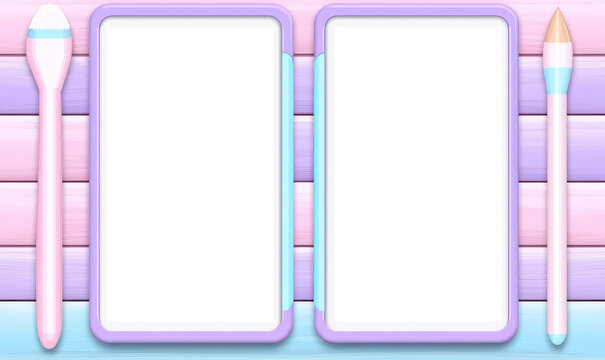 Colorful blank frames with creative tools on vibrant pastel wooden background, perfect for artistic projects, stationery designs, or social media graphics.