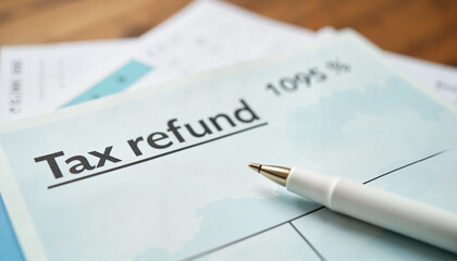 Obraz premium Tax refund check reflecting financial success on wooden table, rewards