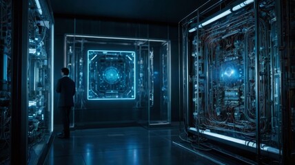 A glowing, enigmatic quantum computer shrouded in shadows, its intricate circuitry bathed in pulsating lights that hint at untold power and intelligence. Artwork captures essence of technology mystery