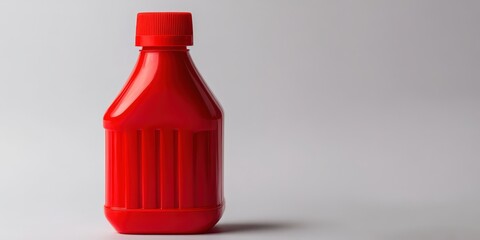 Elegant red plastic bottle, cylindrical form with sleek lines; features a flat cap and slender neck, evoking modern simplicity.  