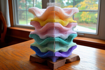 Layered network graphs showcase intricate designs and vibrant colors in a well-lit indoor setting