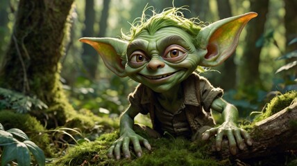 Fototapeta premium A whimsically mischievous goblin, his pointed ears peeking out from a tangle of unkempt, mossy green hair. In a vividly detailed gouache painting, goblin depicted frolicking mystical forest setting