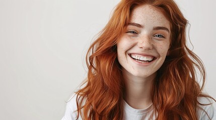 Naklejka premium A woman with red hair is smiling and has her teeth showing