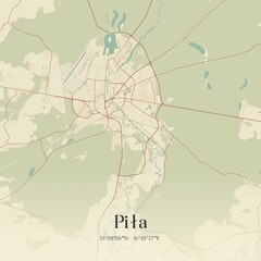 Vintage map of Pila, Poland.