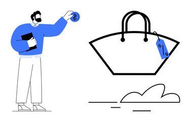 Man with beard holding coin and book while reaching towards large handbag with price tag. Ideal for shopping, finance, retail, online purchase, consumer behavior, e-commerce, spending habits