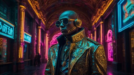 Obraz premium In the depths of a neon-noir cityscape, a baroque chrononaut stands, draped in opulent, time-traveling attire. The figure exudes an air of mystery and antiquity, contrasting sharply against modern