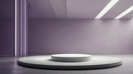 Photorealistic promotional photo of a large empty round podium for a close-up product demonstration, the podium is round, stands in the foreground, a light shining white background